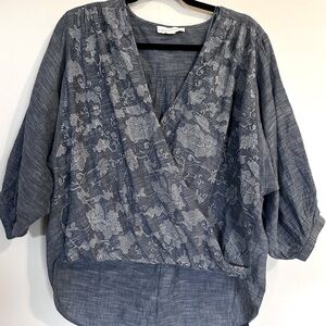 Love stitch blue chambray faux wrap tunic top floral embroidered boho size M